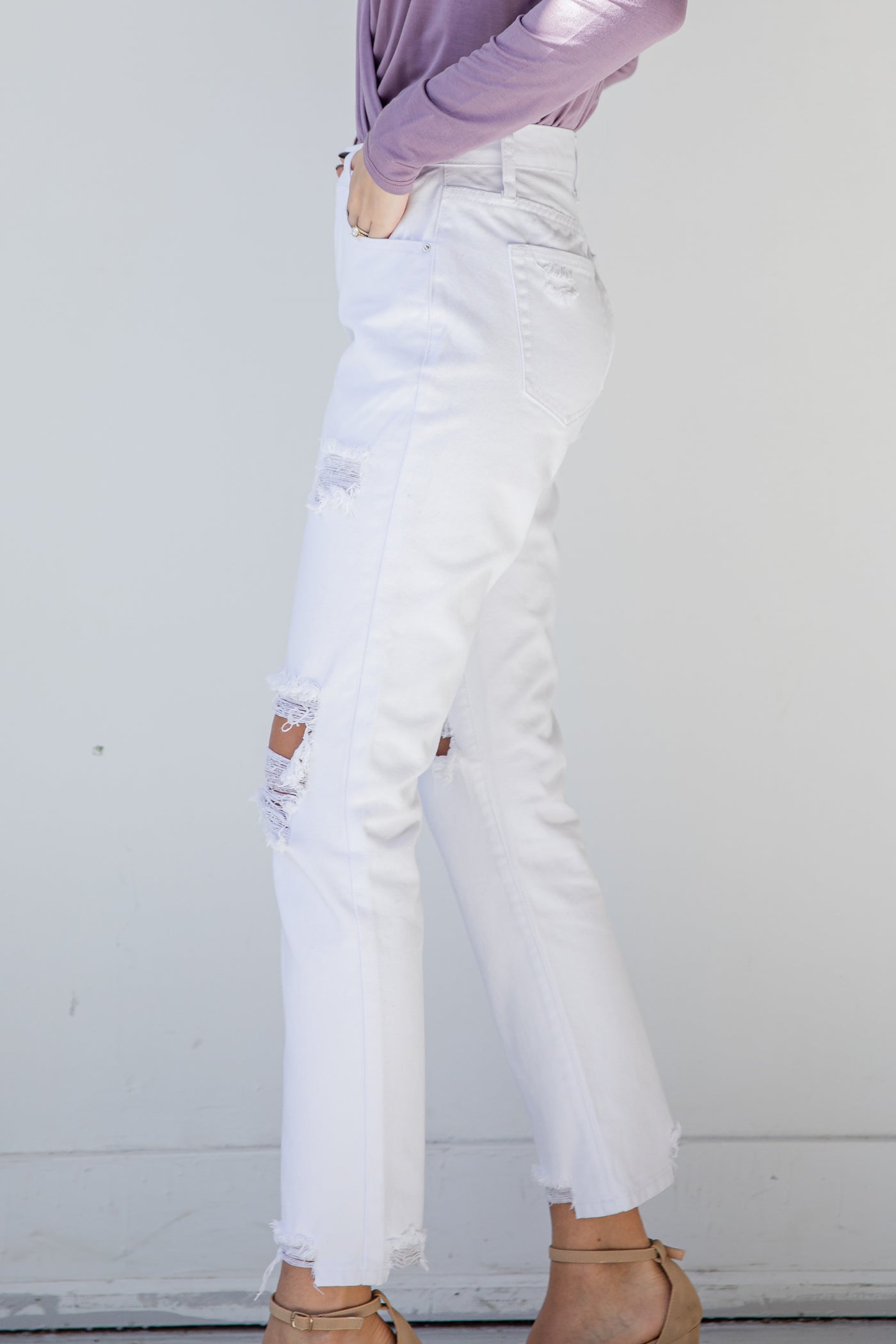 White Distressed Straight Leg Jeans side view