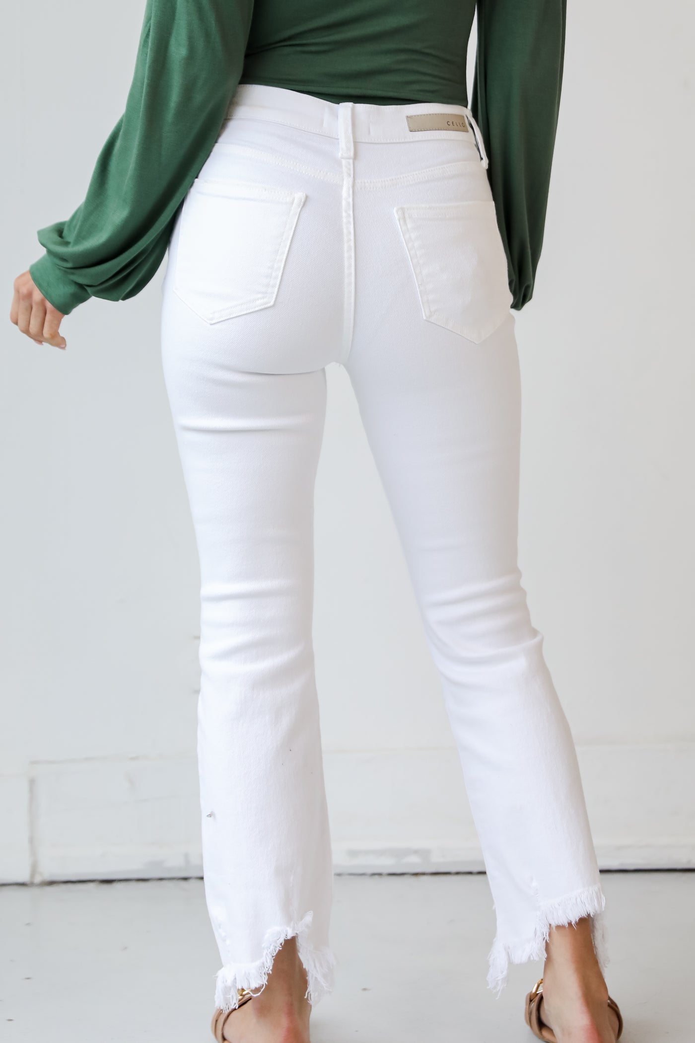 White Distressed Cropped Flare Jeans back view