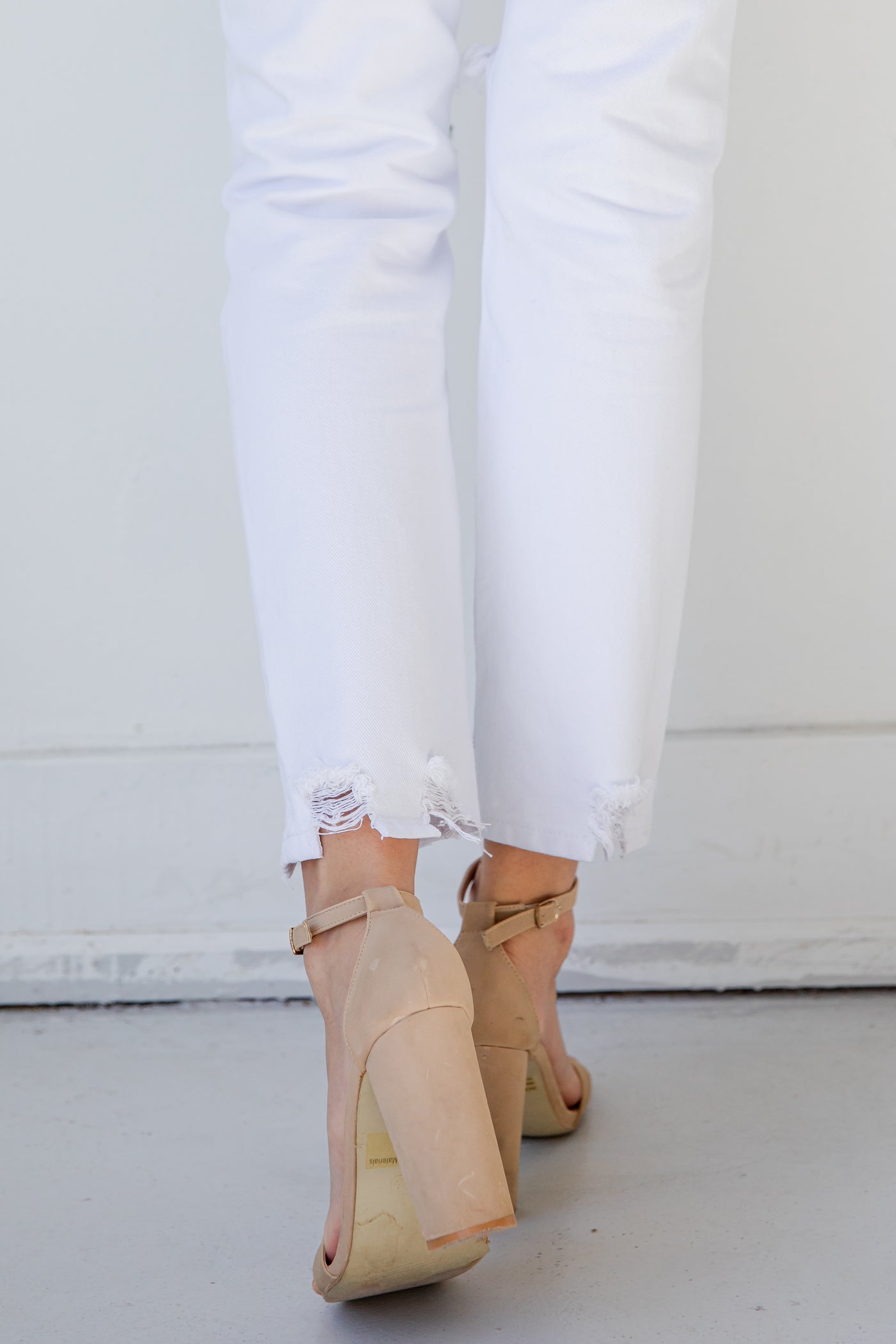 White Distressed Straight Leg Jeans close up