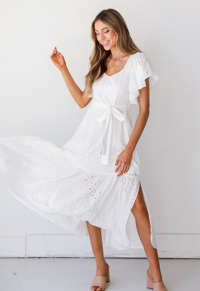 white Eyelet Maxi Dress on model