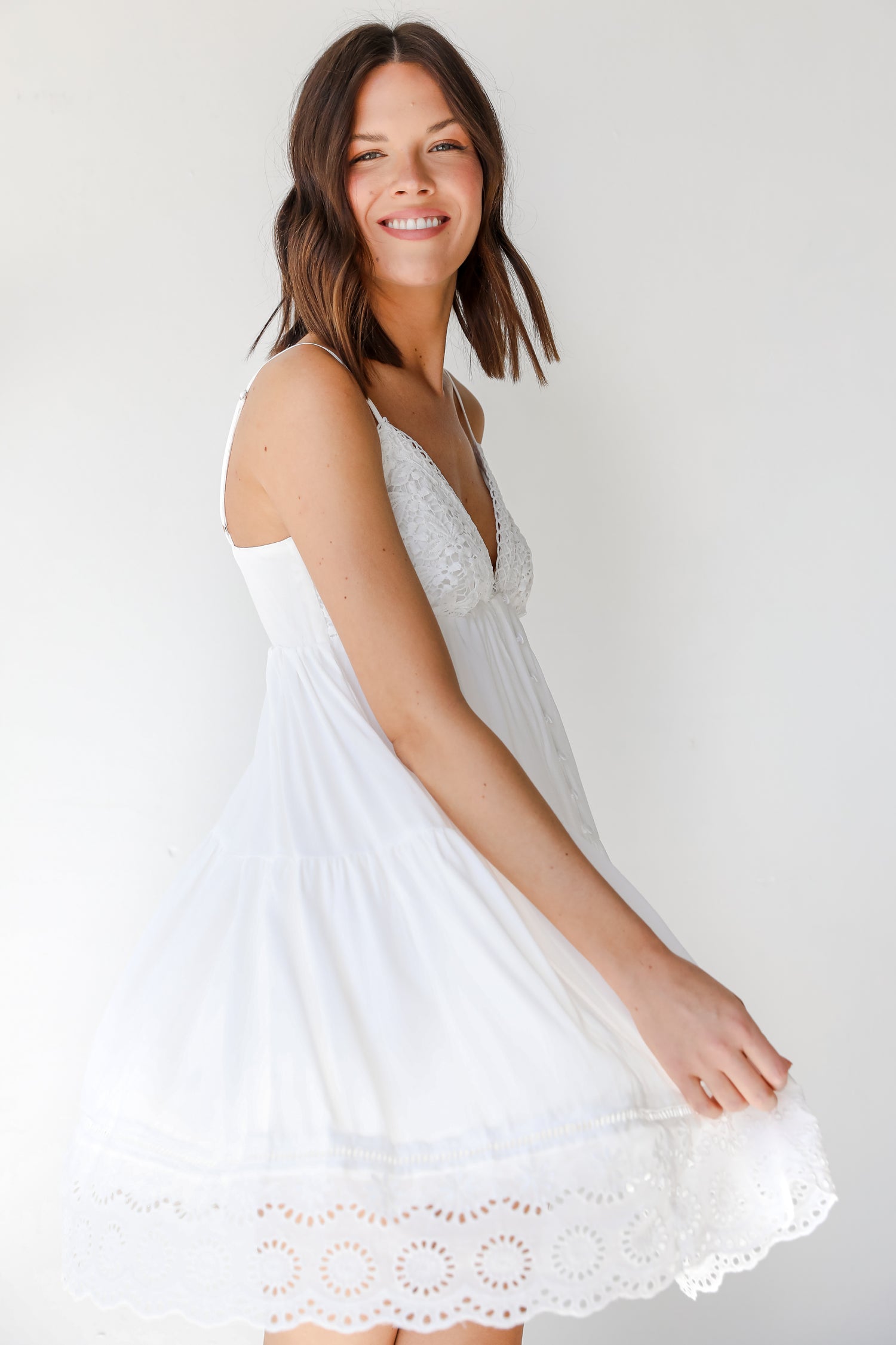 Crochet Eyelet Mini Dress on model