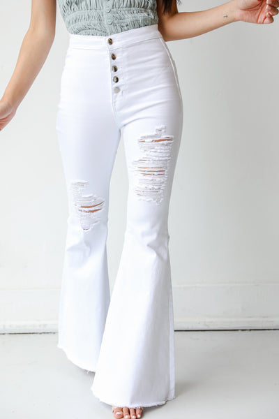 White Distressed Flare Jeans front view