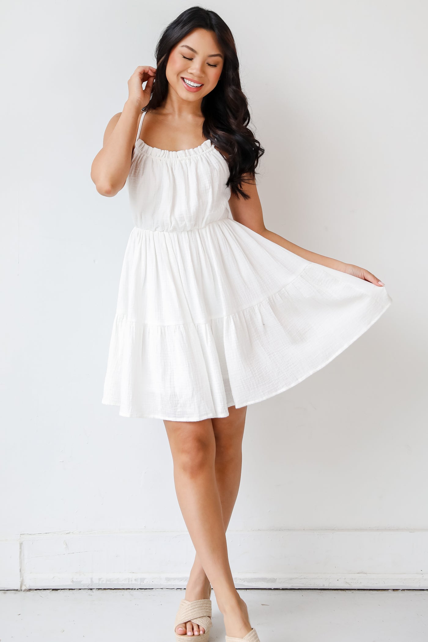 white Linen Mini Dress on model