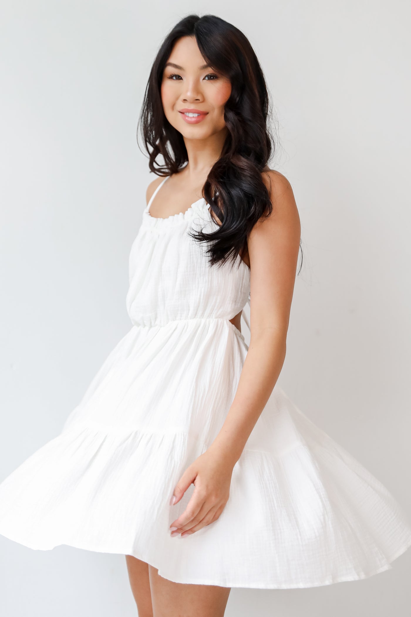 white Linen Mini Dress on dress up model