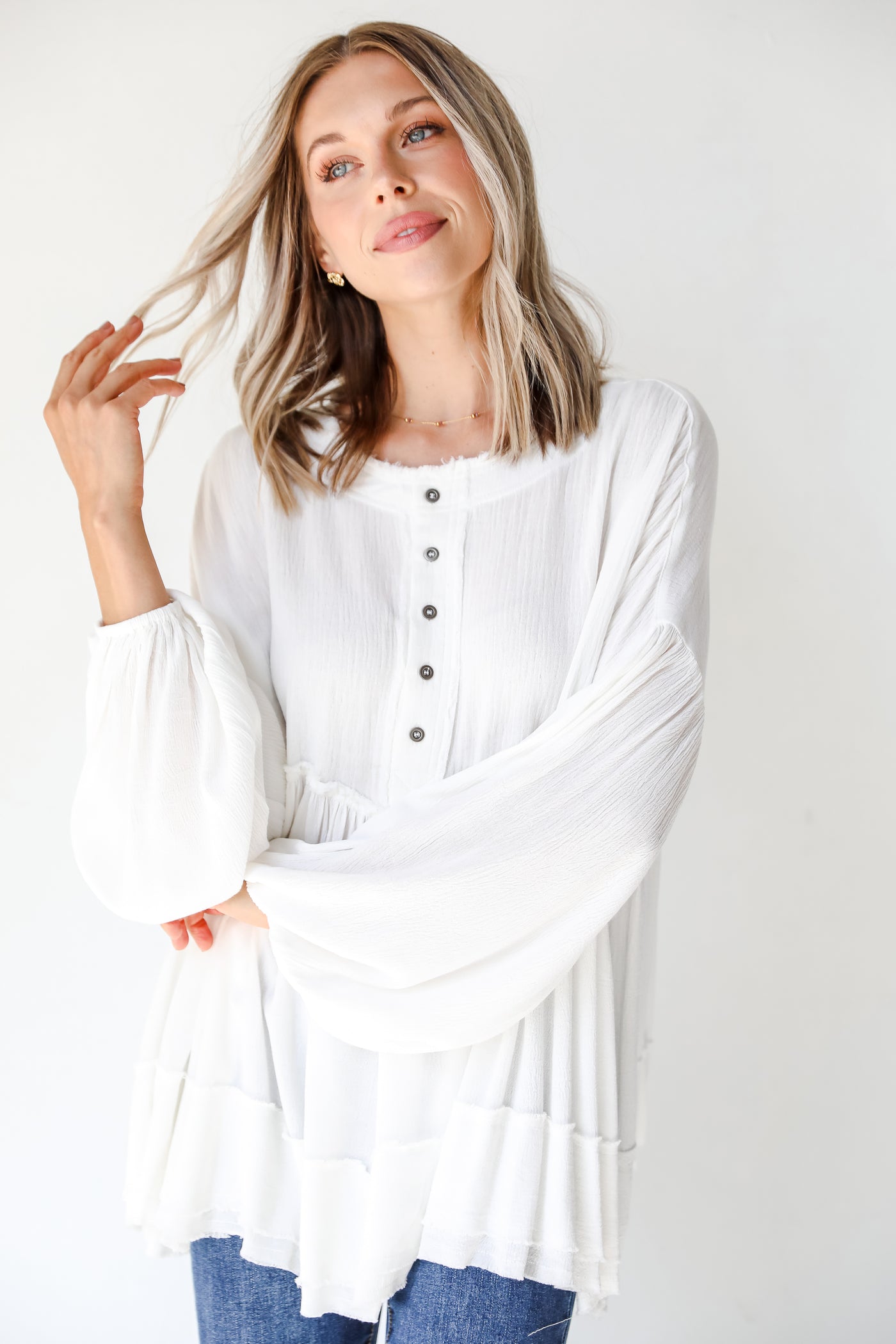 front view of a white Linen Babydoll Blouse