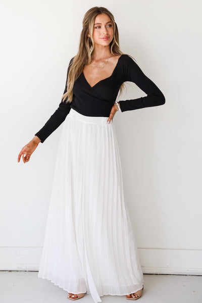 white Pleated Wide Leg Pants front view