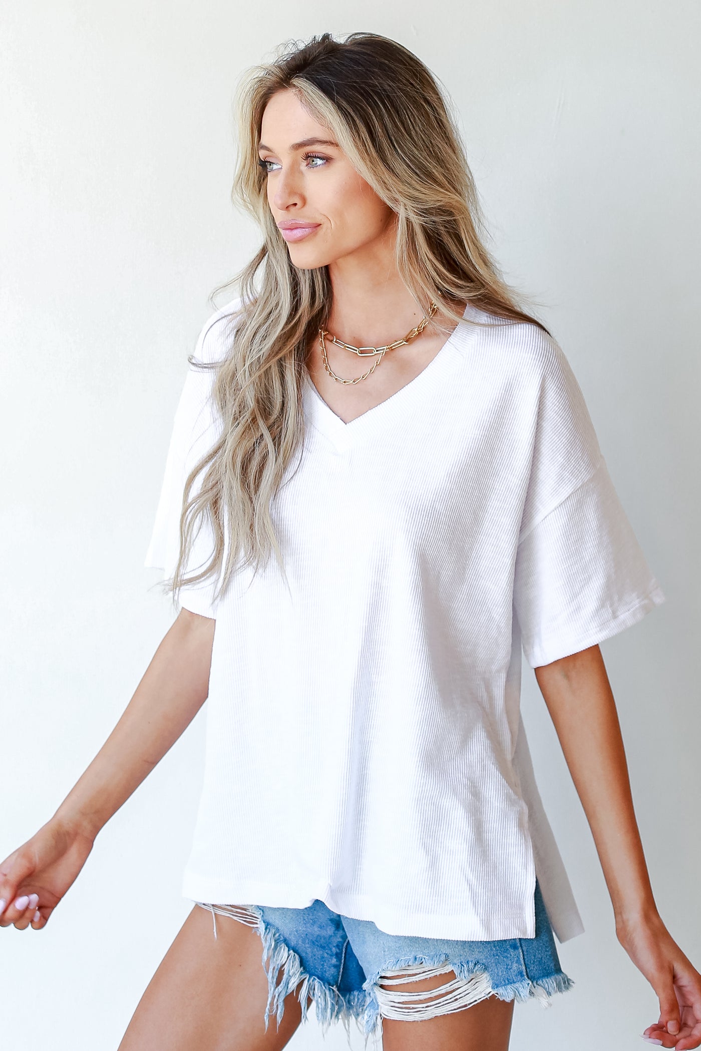 Ribbed Tee in white side view