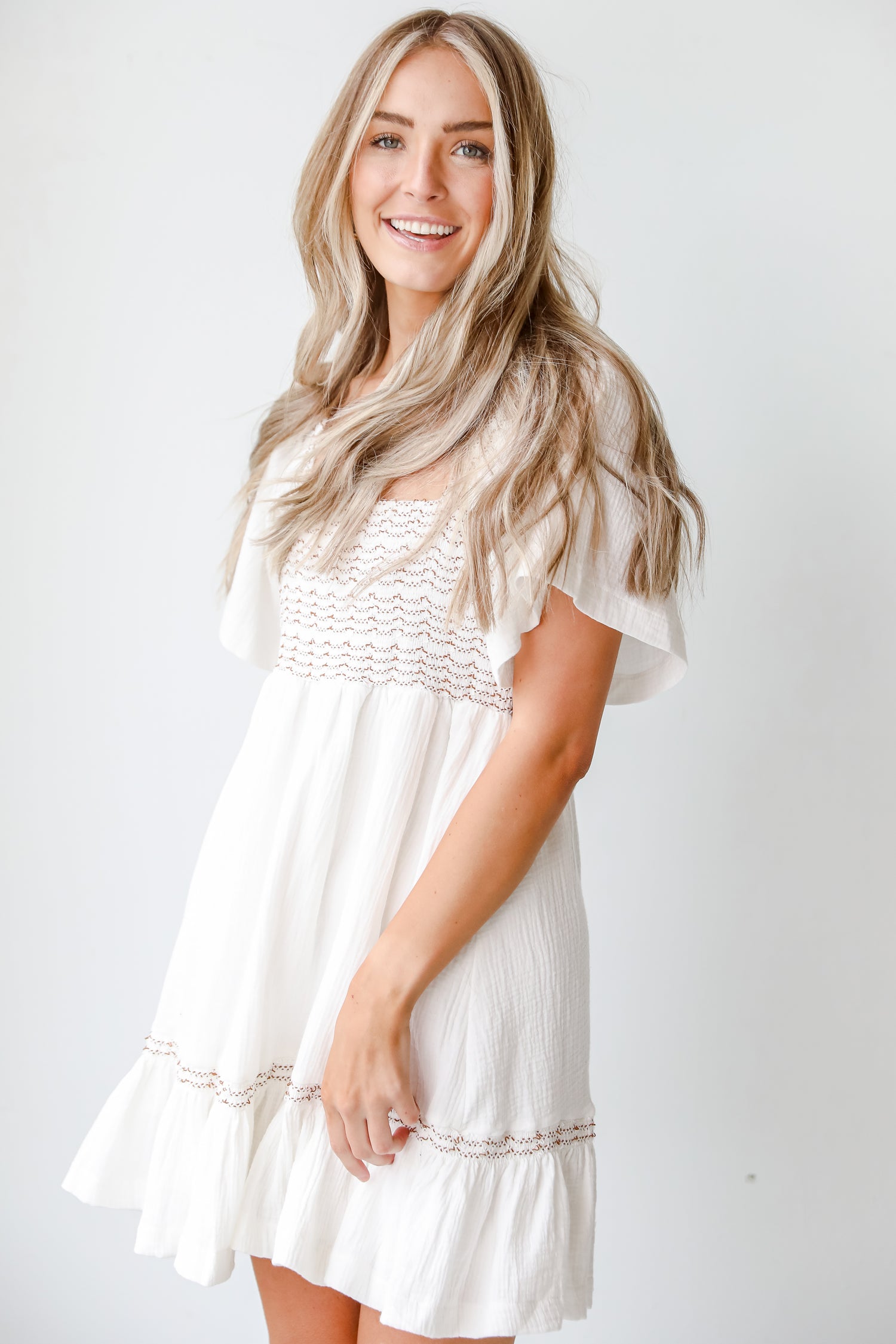 Smocked Mini Dress on model