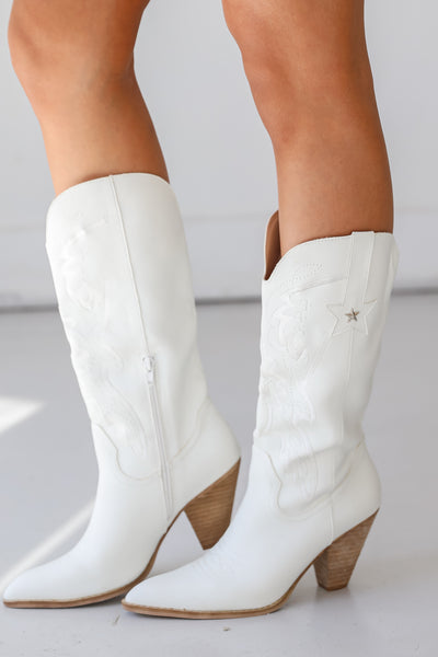white Western Star Boots on model