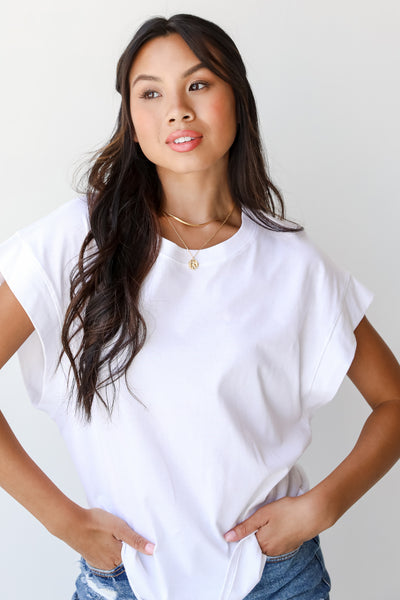 model wearing a basic white tee