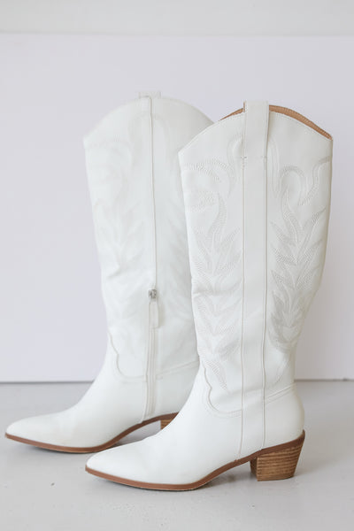 white Western Knee High Boots side view flat lay