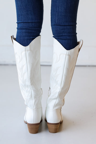 white Western Knee High Boots back view