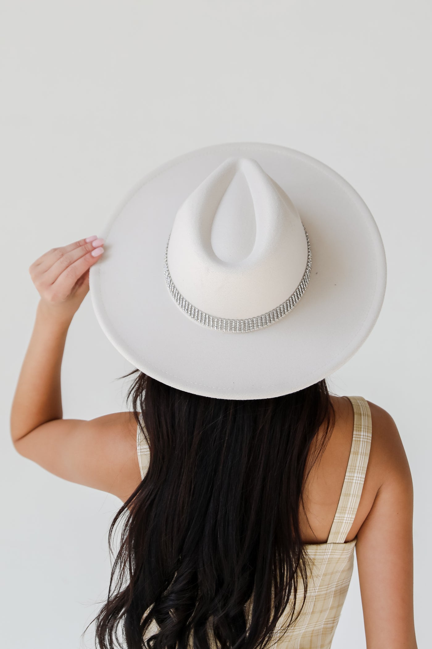 white Rhinestone Wide Brim Fedora Hat on model