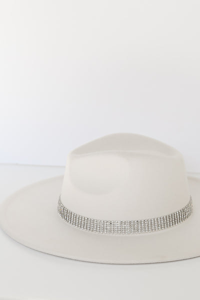 white Rhinestone Wide Brim Fedora Hat close up
