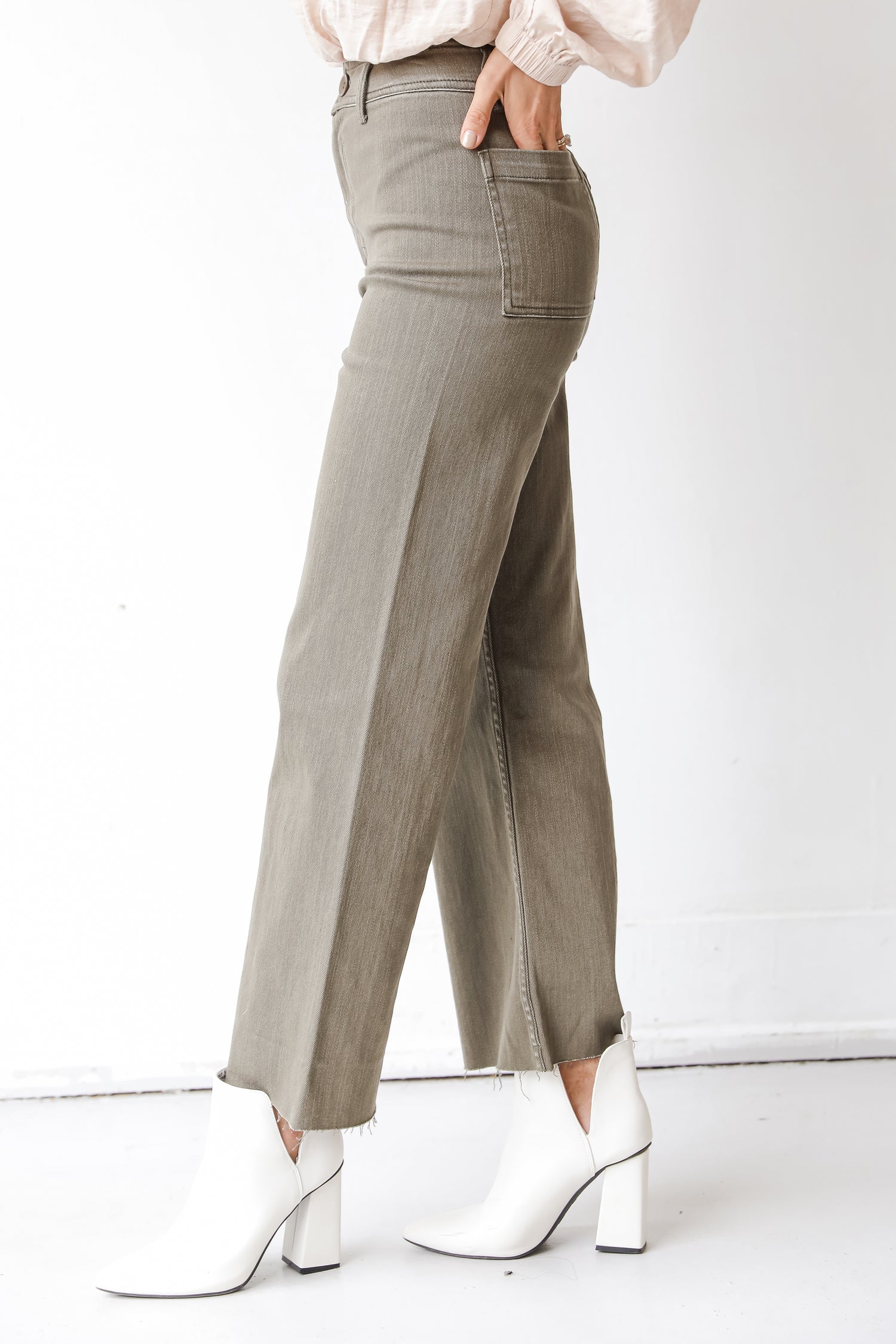 olive straight leg jeans side view