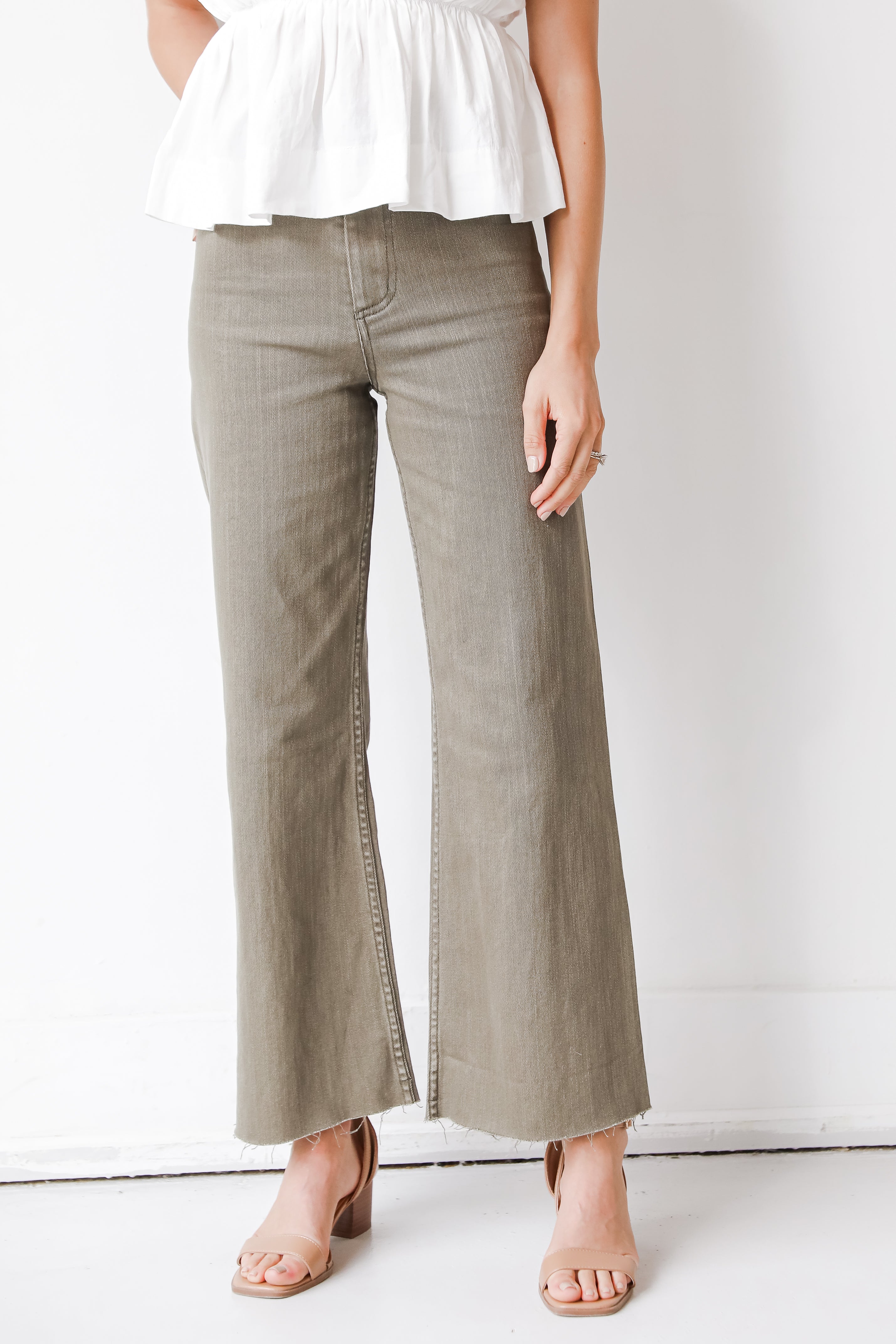 olive straight leg jeans front view