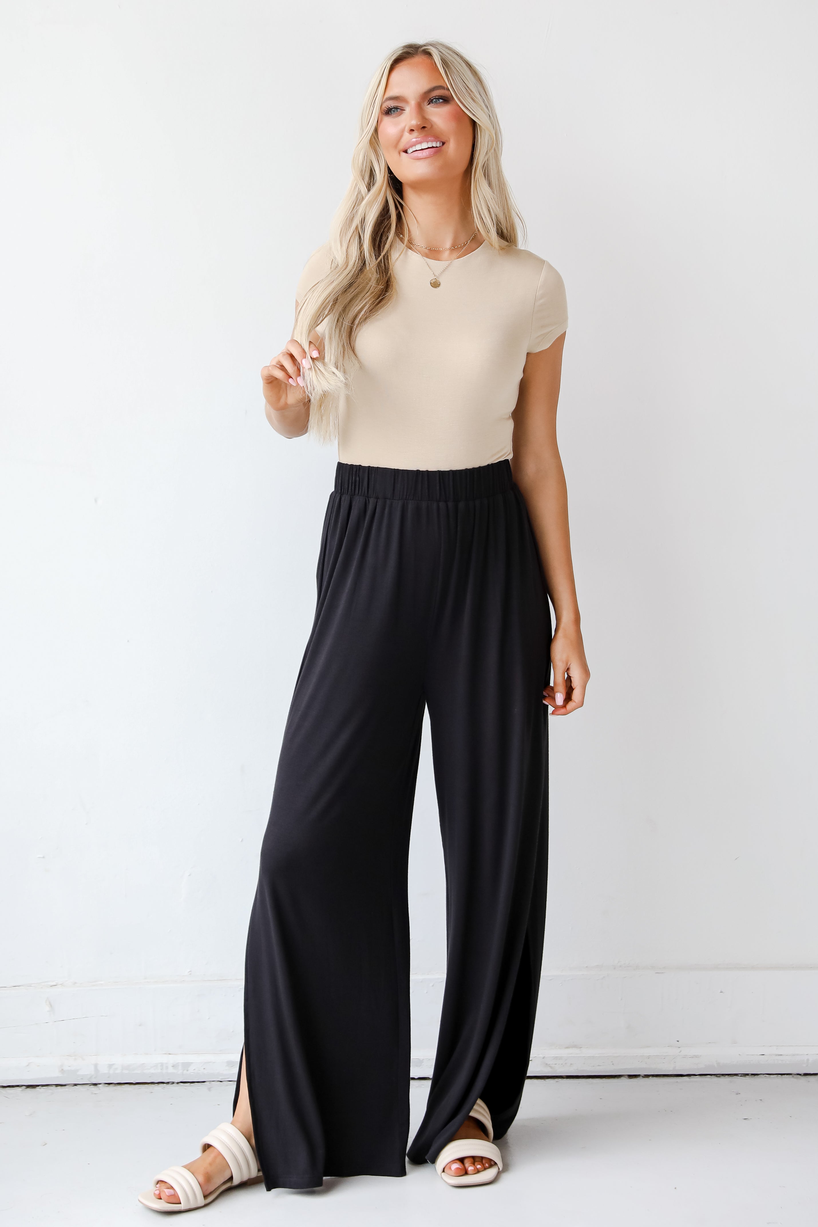 black Wide Leg Pants on model