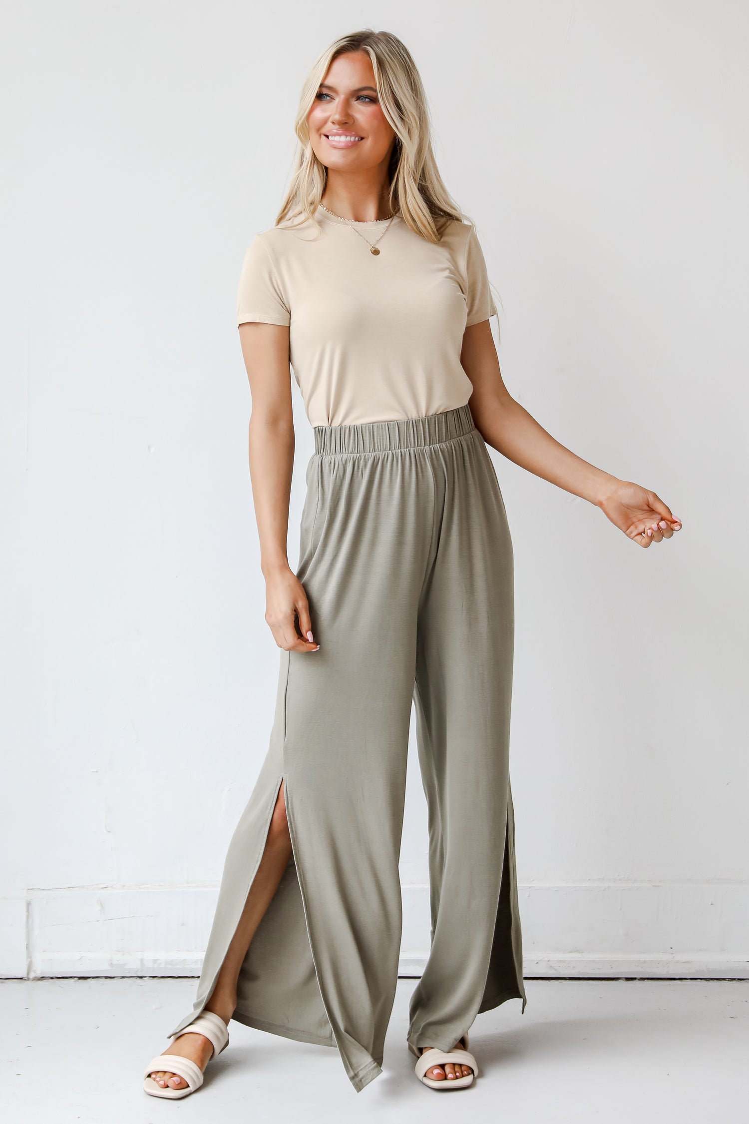 green Wide Leg Pants on model