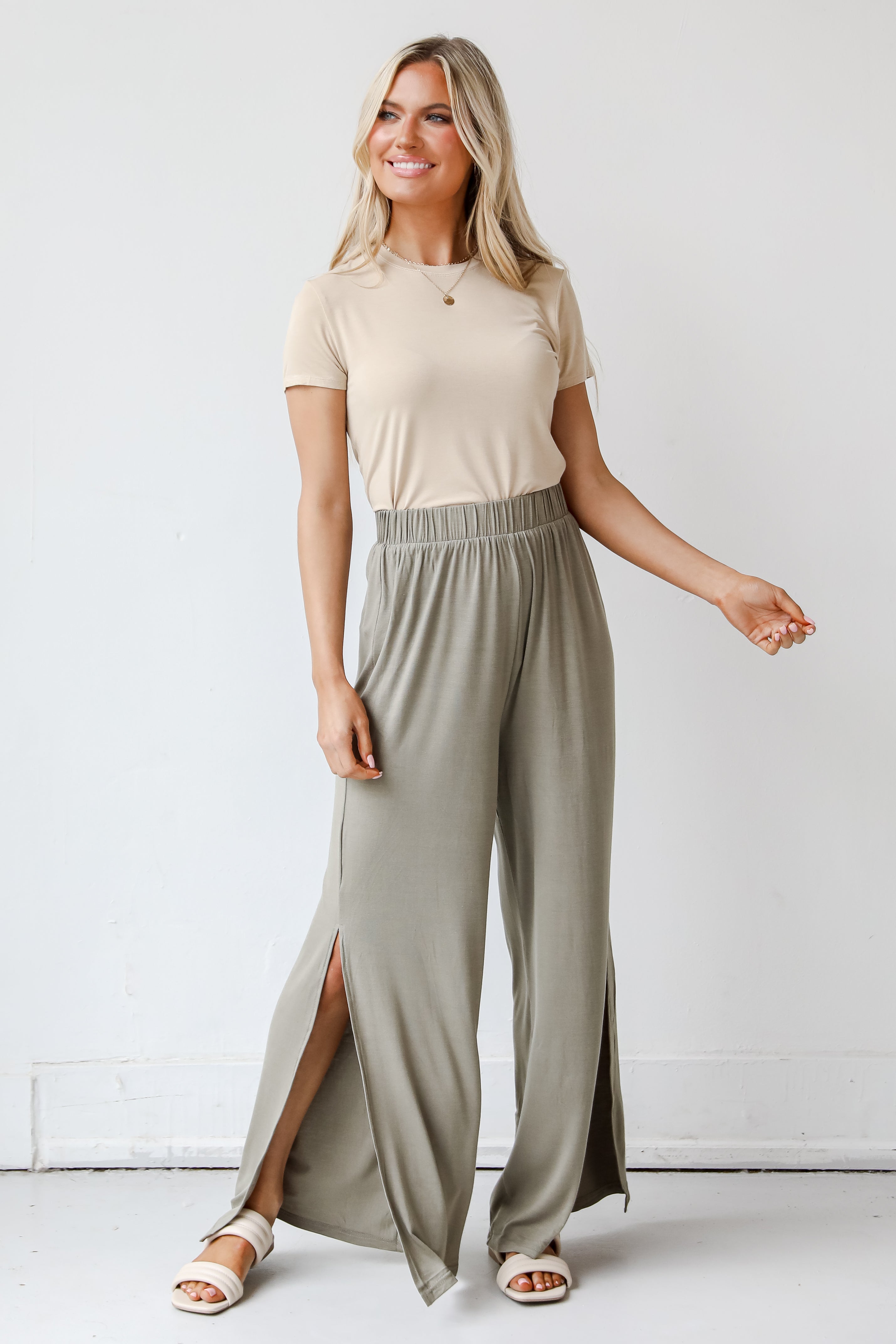 green Wide Leg Pants on model