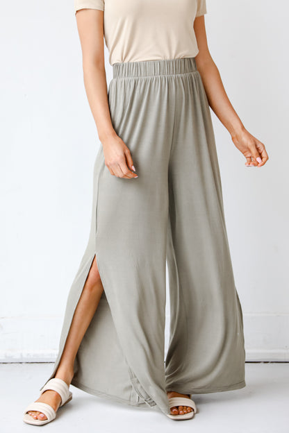 green Wide Leg Pants close up