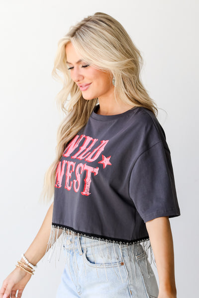 charcoal Wild West Rhinestone Cropped Tee side view