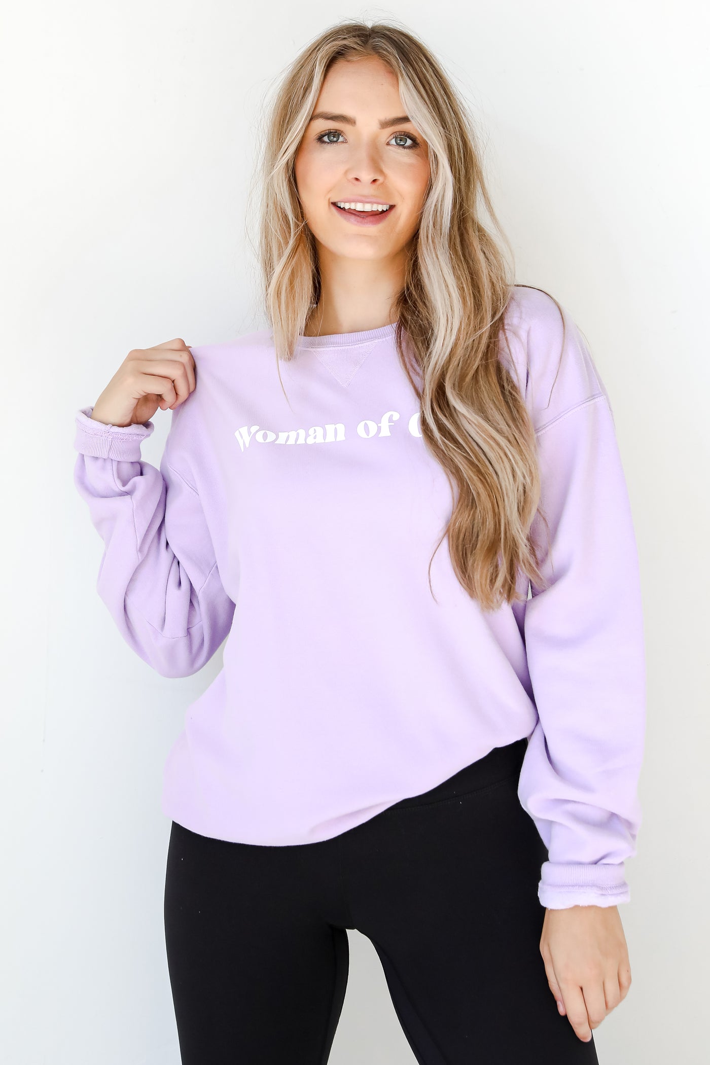 Lavender Woman Of God Pullover on model