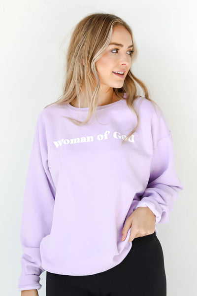 Lavender Woman Of God Pullover. Graphic Christian Sweatshirt. Oversized Jesus Sweatshirt