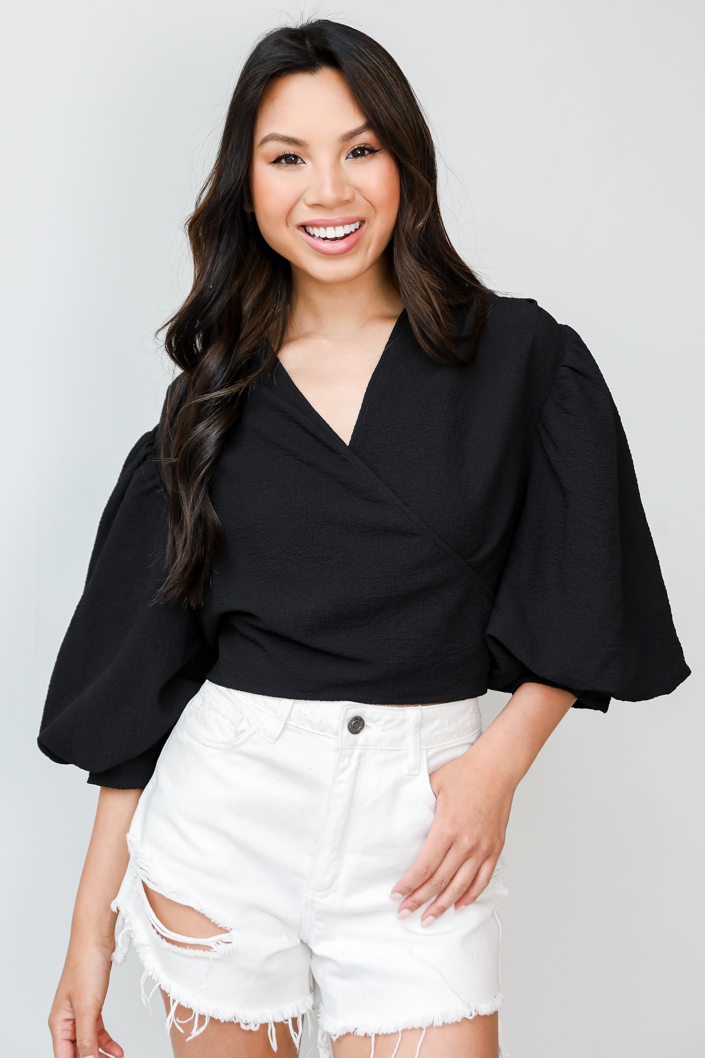 Tie-Front Cropped Blouse in black on model
