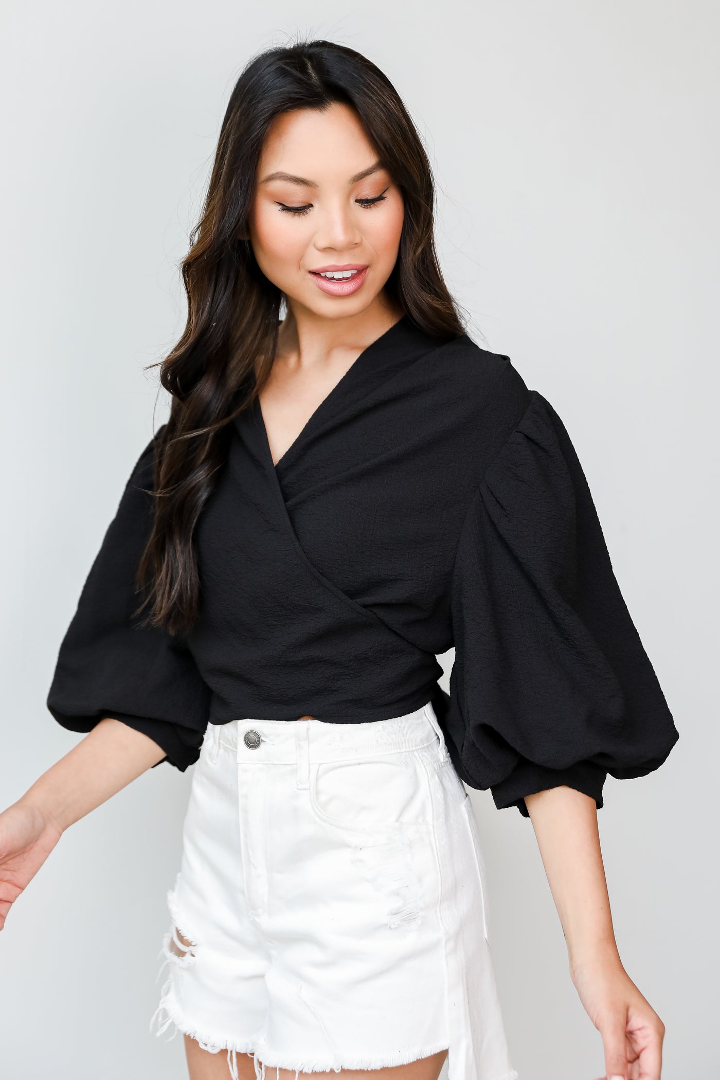 Tie-Front Cropped Blouse in black side view