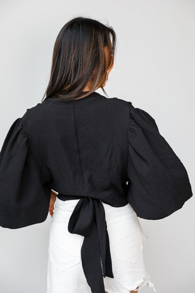 Tie-Front Cropped Blouse in black back view