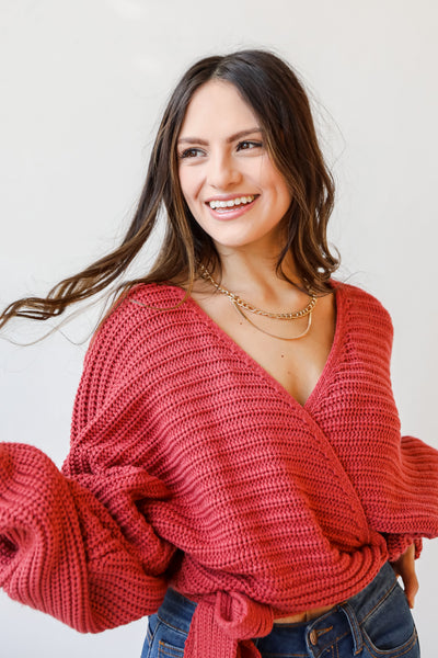red Surplice Sweater on model