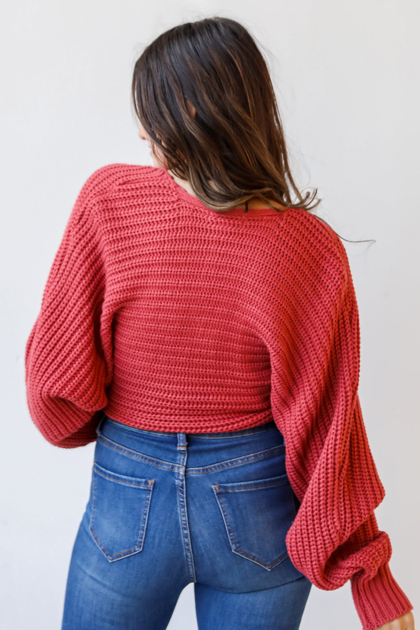 red Surplice Sweater back view