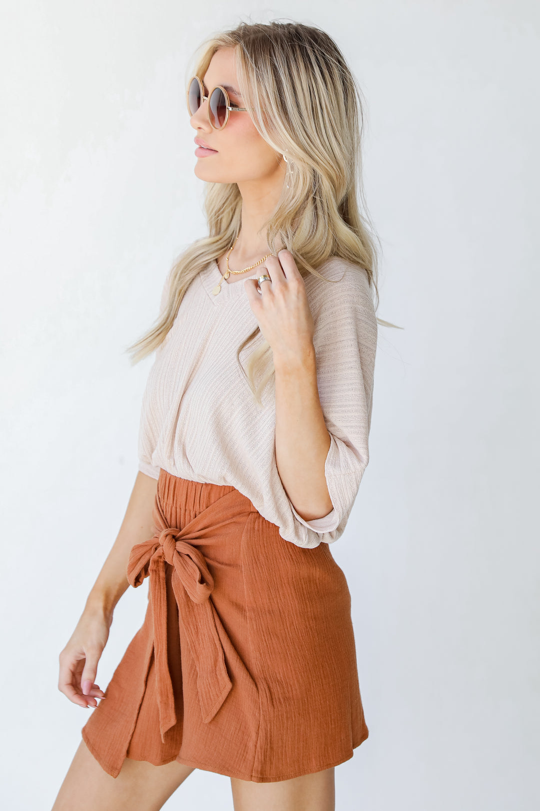 Wrap Mini Skirt in camel side view