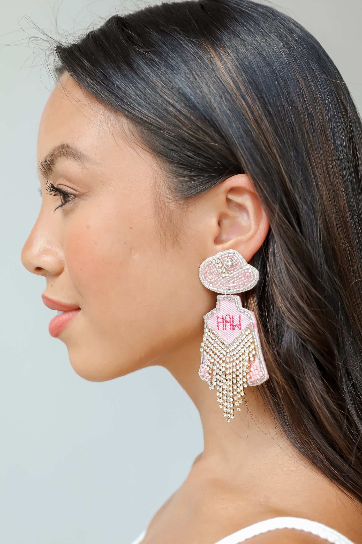 Pink Yeehaw Beaded Rhinestone Fringe Earrings