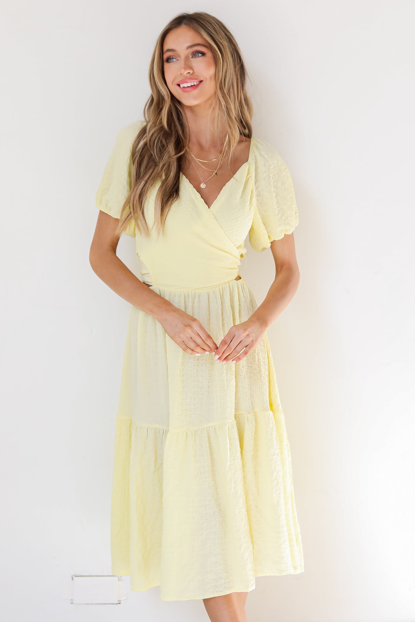 yellow Tiered Midi Dress on model front view