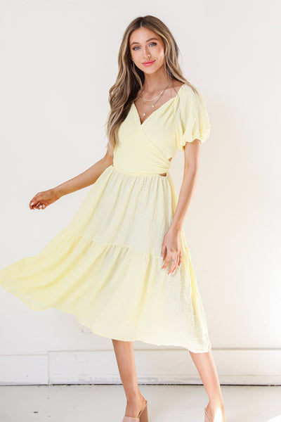yellow Tiered Midi Dress on dress up model