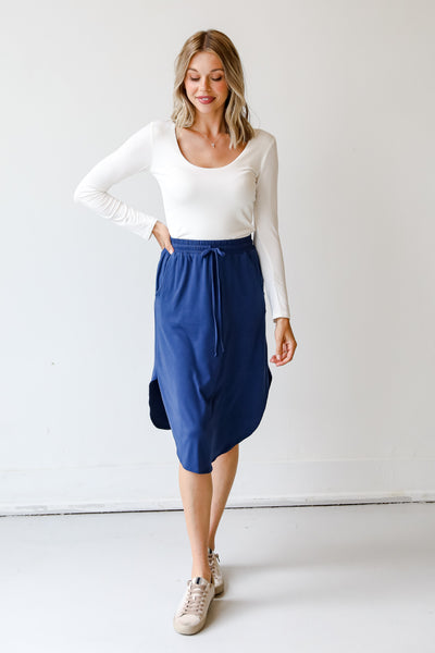 blue Drawstring Midi Skirt on model