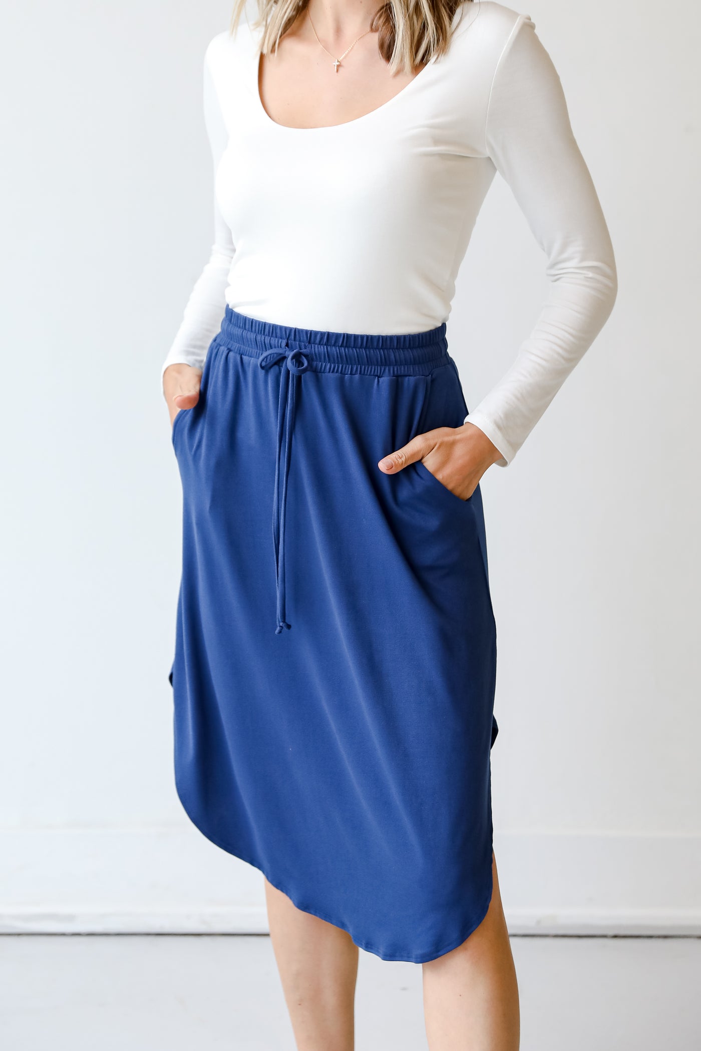 blue Drawstring Midi Skirt front view