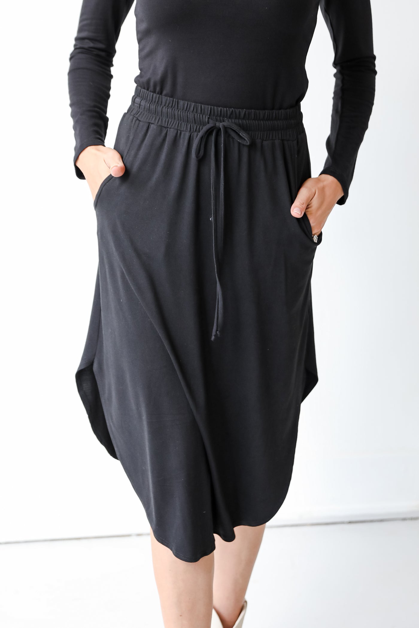 black Drawstring Midi Skirt close up