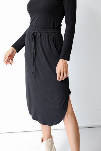 black Drawstring Midi Skirt