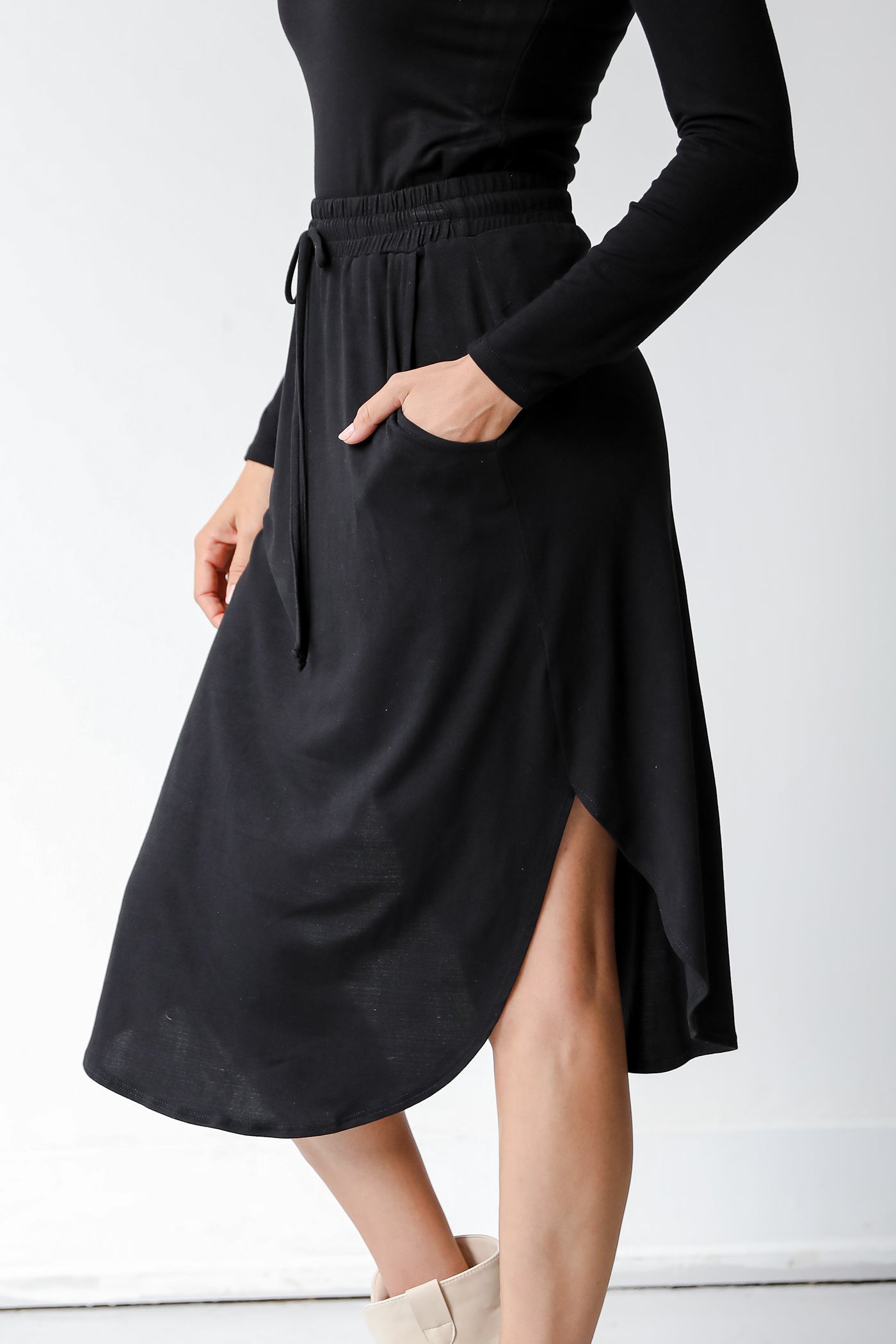 black Drawstring Midi Skirt side view
