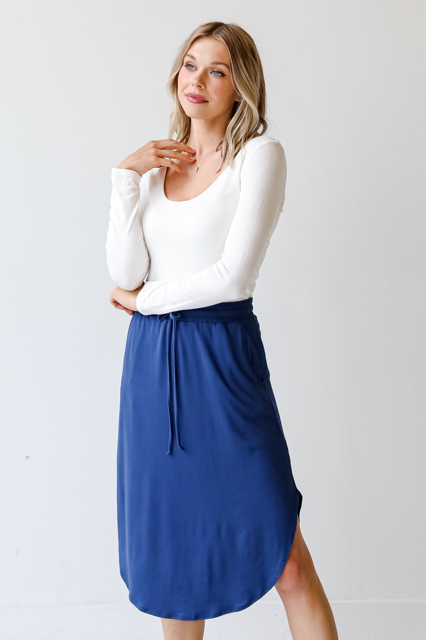 blue Drawstring Midi Skirt
