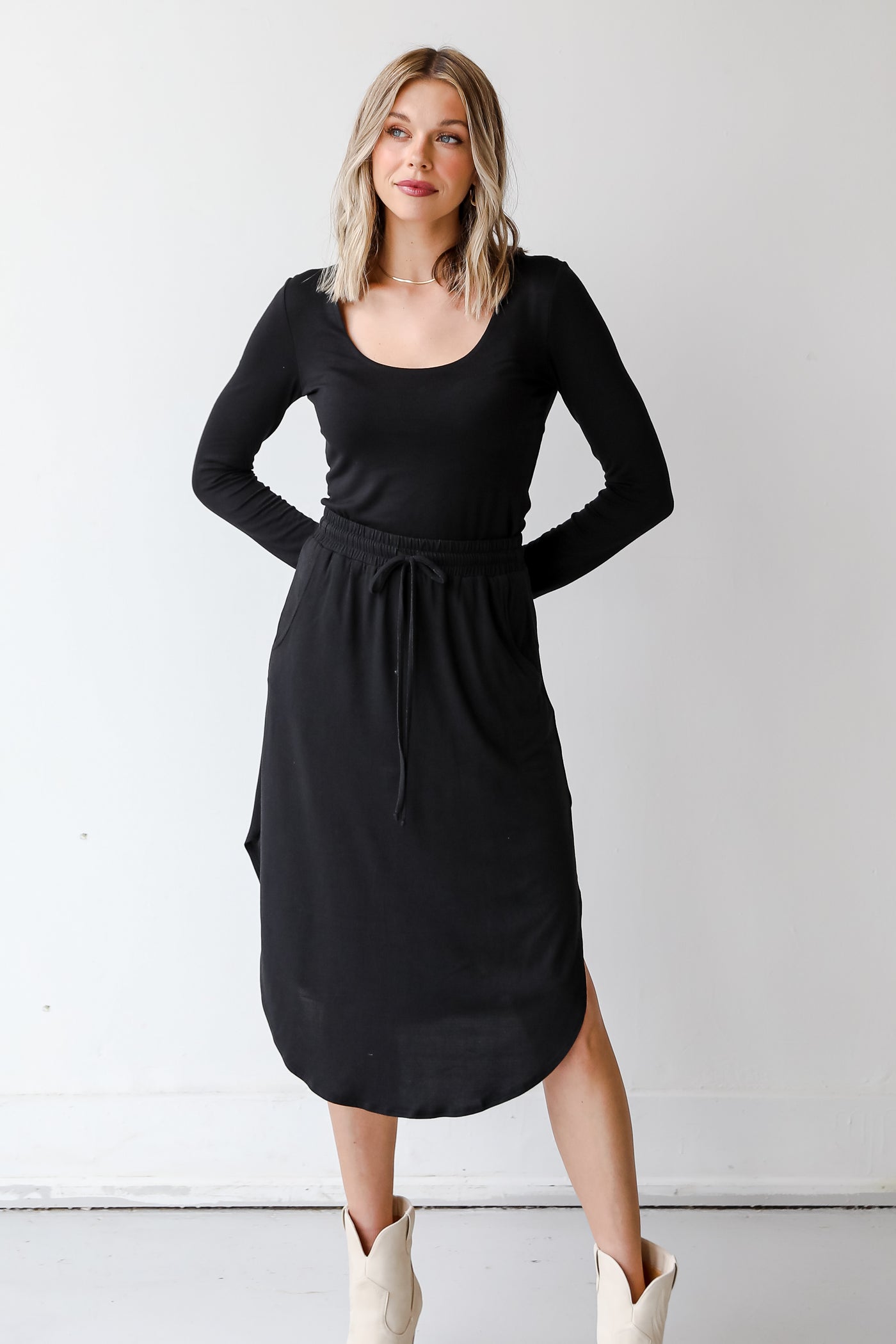 black Drawstring Midi Skirt on model