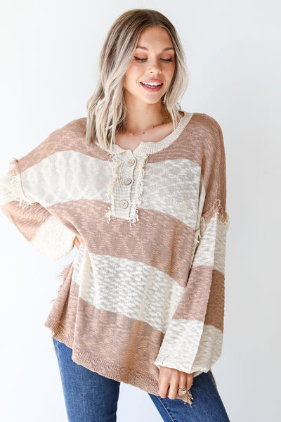 taupe sweater on model
